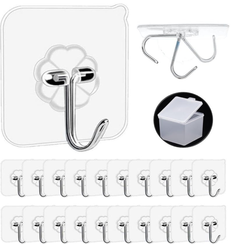 QUALIALL Adhesive Hooks 20 Packs 33lbs15kg Premium Heavy Duty Wall Ceiling Hooks for Hanging Damage Free Clear Sticky Hanger for Kitchen Bathroom Shower Outdoor Use