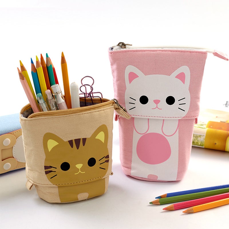 Cute Pencil Case: Grey Cat, Big Capacity, 2 Side Handles - Height Adjustable Standing Pencil Case for Kindergarten Primary Middle School Students Adults - Image 4