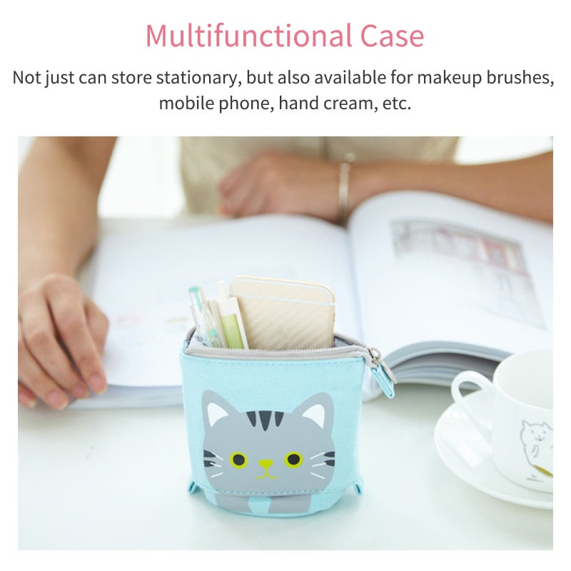 Cute Pencil Case: Grey Cat, Big Capacity, 2 Side Handles - Height Adjustable Standing Pencil Case for Kindergarten Primary Middle School Students Adults - Image 3