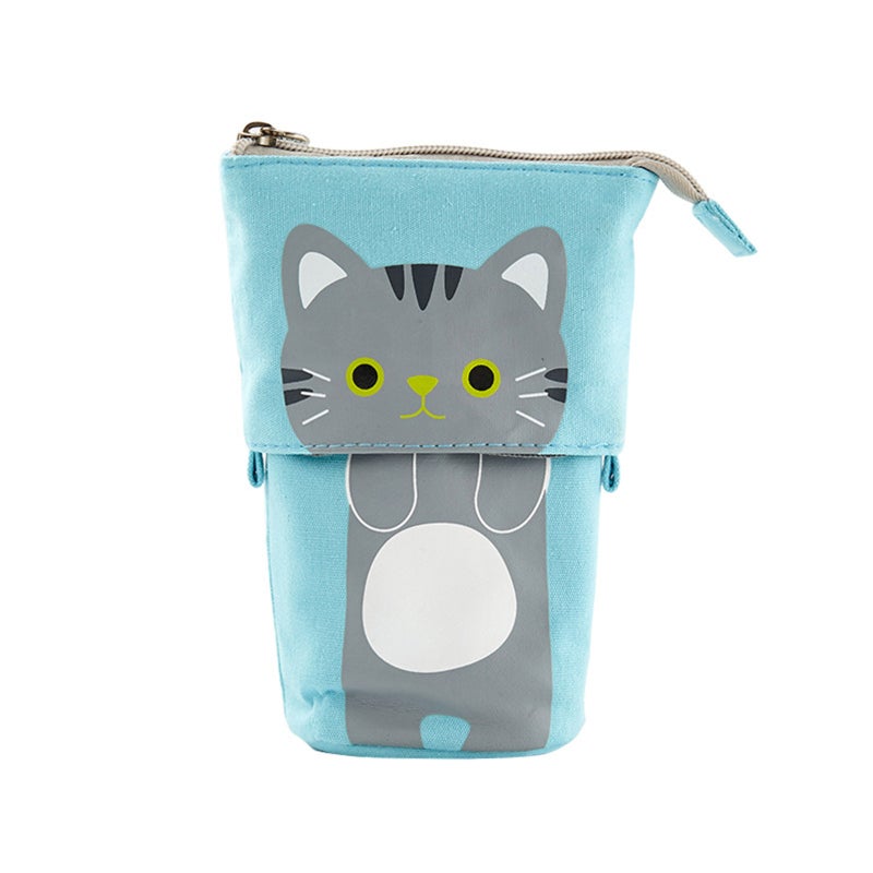 Cute Pencil Case: Grey Cat, Big Capacity, 2 Side Handles - Height Adjustable Standing Pencil Case for Kindergarten Primary Middle School Students Adults - Image 1