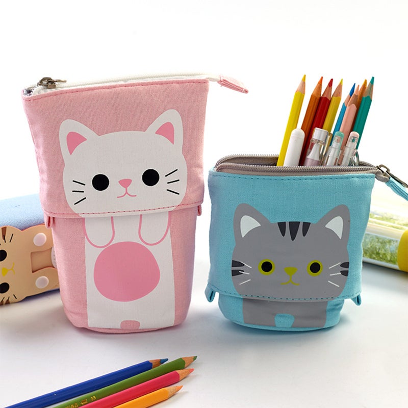 Cute Pencil Case: Grey Cat, Big Capacity, 2 Side Handles - Height Adjustable Standing Pencil Case for Kindergarten Primary Middle School Students Adults - Image 5