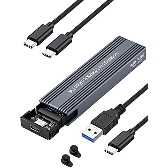 rayihni VCOM M.2 NVME SATA SSD ENCLOSURE ADAPTER, USB 3.1 GEN 2 TO 10 GBPS NVME, 6GBPS SATA NGFF, HARD DRIVE ENCLOSURE READER FOR PCIE NVME M-KEY(B+M KEY) 2230/2242/2260/2280, SUPPORT UASP, TRIM, TOOL-FREE - Image 1