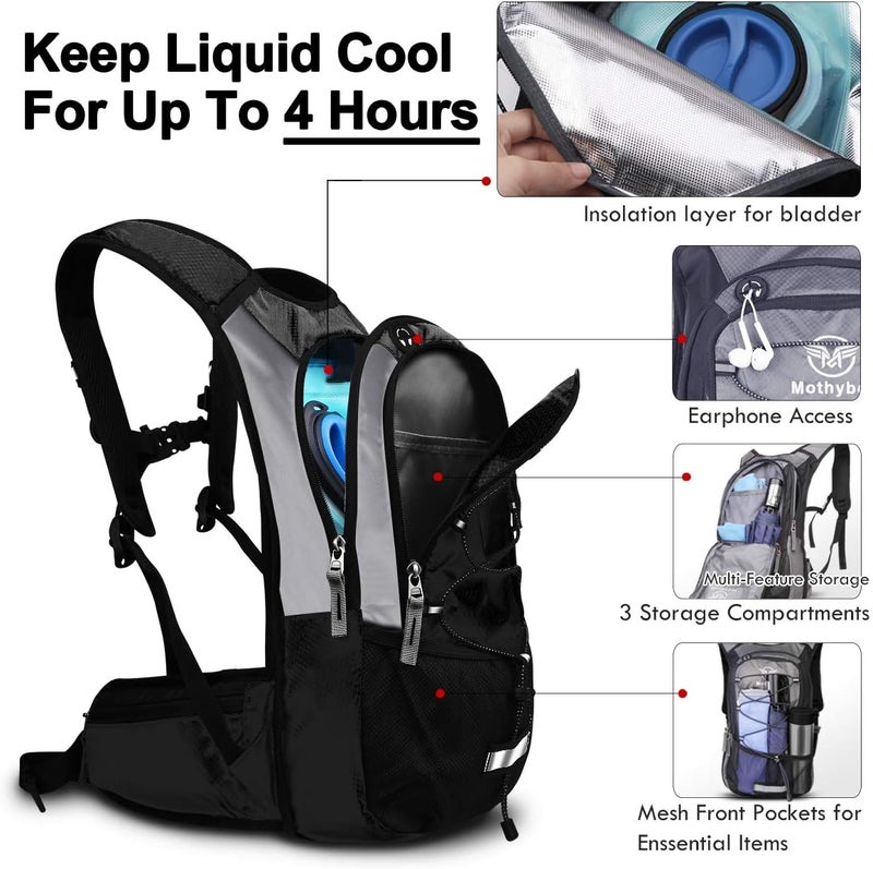 Mothybot Hydration Pack, Insulated Hydration Backpack with 2L BPA Free Water Bladder and Storage, Hiking Backpack for Men, Women, Kids for Running, Cycling, Camping - Keep Liquid Cool up to 5 Hours - Image 3