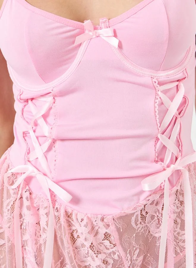 Take Two Pink Tie-Up Lace Babydoll, Brief and Bow Choker Set