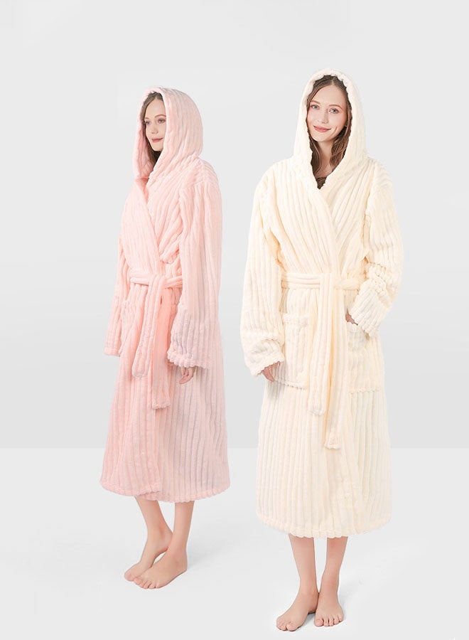 Hanayo Bath Robe Hooded Bathrobe Coat For Women & Men V Neck Long Sleeve Sleepwear Warm Unisex Couple Bathrobe Perfect for Everyday Use(Beige) - Image 4