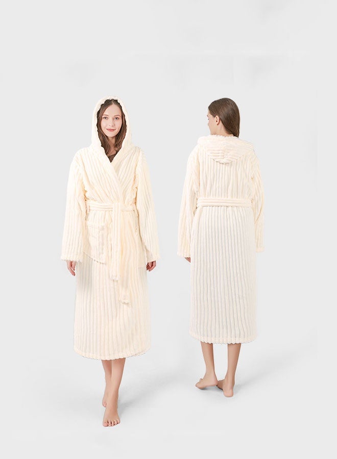 Hanayo Bath Robe Hooded Bathrobe Coat For Women & Men V Neck Long Sleeve Sleepwear Warm Unisex Couple Bathrobe Perfect for Everyday Use(Beige) - Image 3