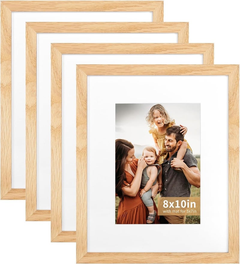 ATOBART 4PK 8x10 Picture Frame with Mat, Solid Oak Wood, 8x10 Frame Matted to 5x7, Natural Wood Frame for Wall Mounting and Tabletop Display - Image 1