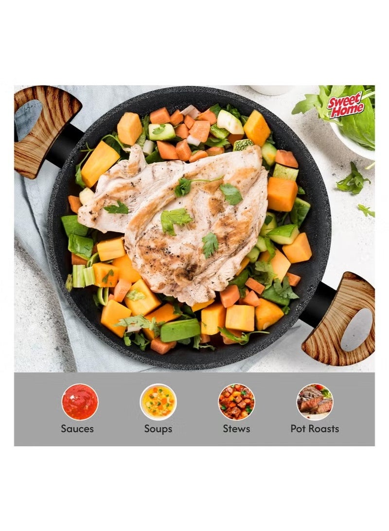 Sweet Home Marble Casserole (24cm) Non Stick Pan with Lid, PFOA-Free Granite Coating Cookware Sauce Pot for Cooking Compatible with All Stovetops PFOA Free (Black) - Image 2