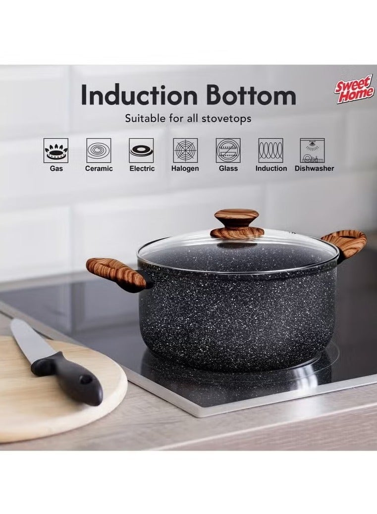 Sweet Home Marble Casserole (24cm) Non Stick Pan with Lid, PFOA-Free Granite Coating Cookware Sauce Pot for Cooking Compatible with All Stovetops PFOA Free (Black) - Image 3