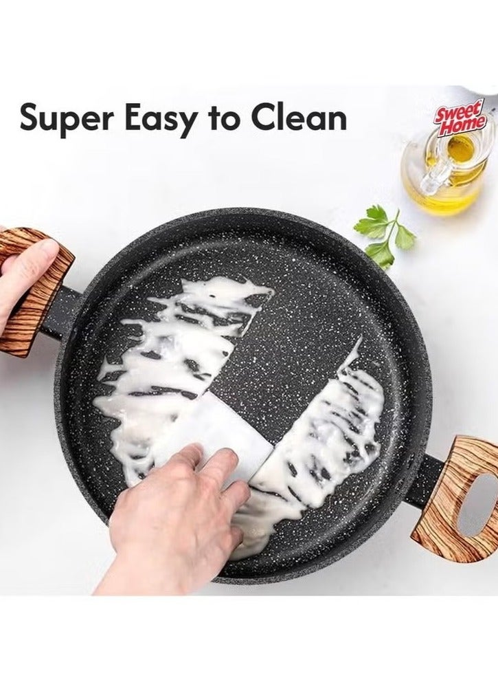 Sweet Home Marble Casserole (24cm) Non Stick Pan with Lid, PFOA-Free Granite Coating Cookware Sauce Pot for Cooking Compatible with All Stovetops PFOA Free (Black) - Image 4