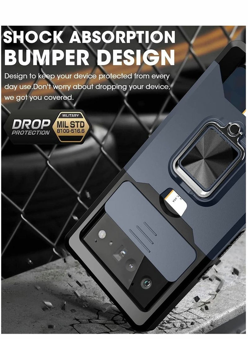 SYOSI Case for Google Pixel 6 6.4 inch with Camera Cover Kickstand Slide Lens Rotate Ring Stand Card Holder Impact Resistant Full Protect Navy Blue - Image 4