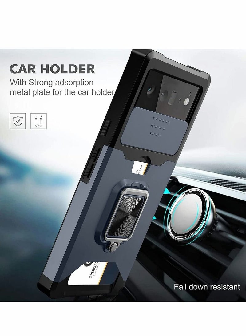 SYOSI Case for Google Pixel 6 6.4 inch with Camera Cover Kickstand Slide Lens Rotate Ring Stand Card Holder Impact Resistant Full Protect Navy Blue - Image 2