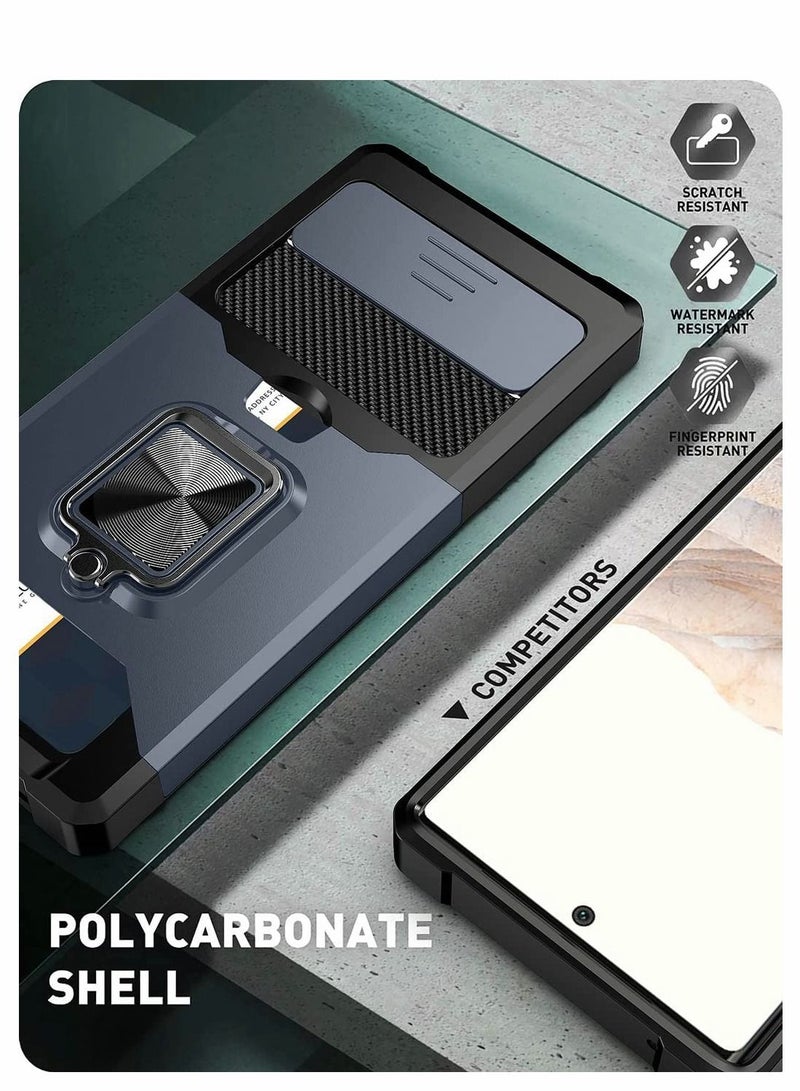 SYOSI Case for Google Pixel 6 6.4 inch with Camera Cover Kickstand Slide Lens Rotate Ring Stand Card Holder Impact Resistant Full Protect Navy Blue - Image 3