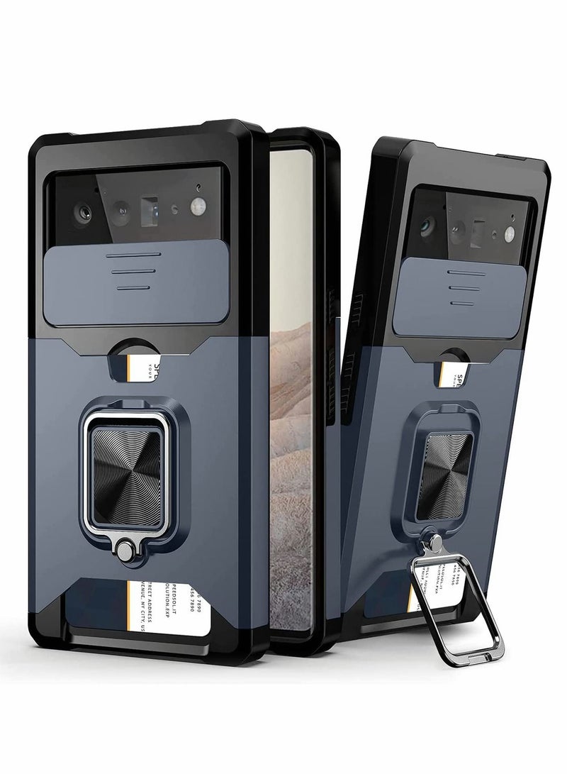 SYOSI Case for Google Pixel 6 6.4 inch with Camera Cover Kickstand Slide Lens Rotate Ring Stand Card Holder Impact Resistant Full Protect Navy Blue - Image 1