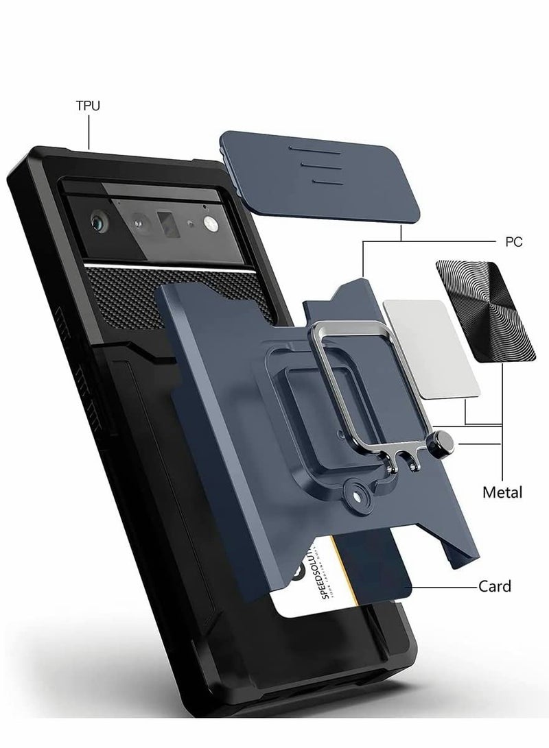 SYOSI Case for Google Pixel 6 6.4 inch with Camera Cover Kickstand Slide Lens Rotate Ring Stand Card Holder Impact Resistant Full Protect Navy Blue - Image 5