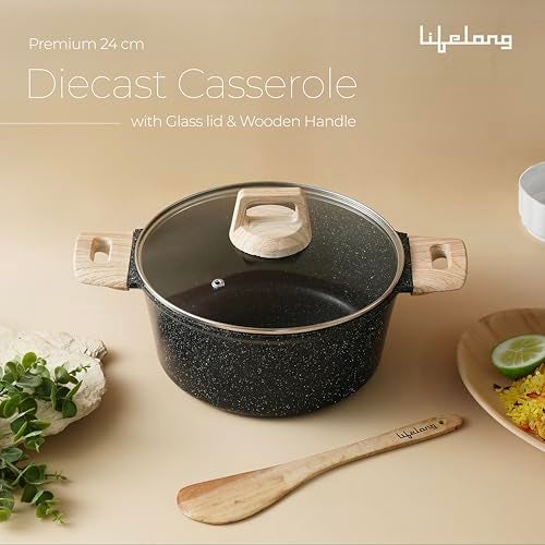 Lifelong Diecast Casserole 24 cm with Non-Riveted Wooden Handle, Glass Lid & Wooden Spatula | 4L Capacity Serves 4–6 | for Curries, Dal & Pulao | Induction & Gas Compatible | PFOA-Free Non-Stick - Image 2