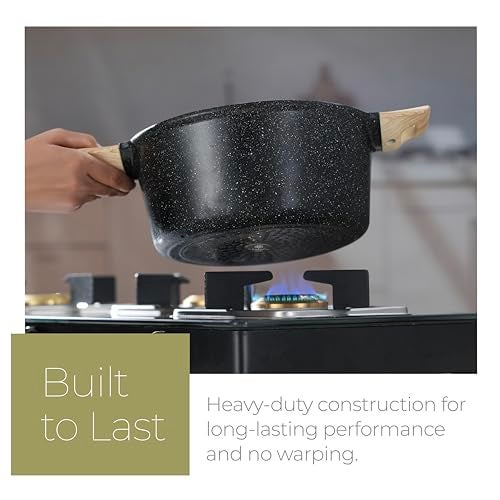Lifelong Diecast Casserole 24 cm with Non-Riveted Wooden Handle, Glass Lid & Wooden Spatula | 4L Capacity Serves 4–6 | for Curries, Dal & Pulao | Induction & Gas Compatible | PFOA-Free Non-Stick - Image 3