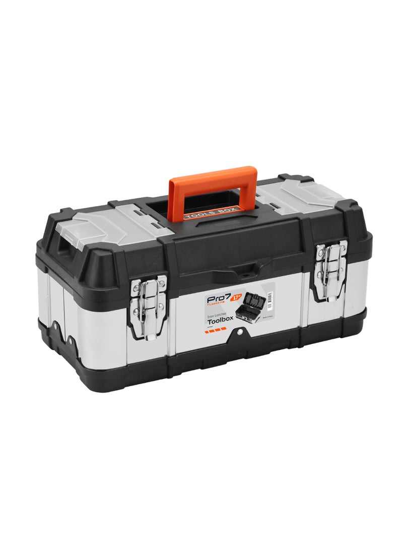 LAWAZIM Pro7 Tool Box with Iron Latches - 17inch Black and Silver - Portable Tool Storage Box with Removable Tray, Secure Latches, and Clear Lid Compartments - Ideal for Home, Garage, and Workshop Use - Image 1