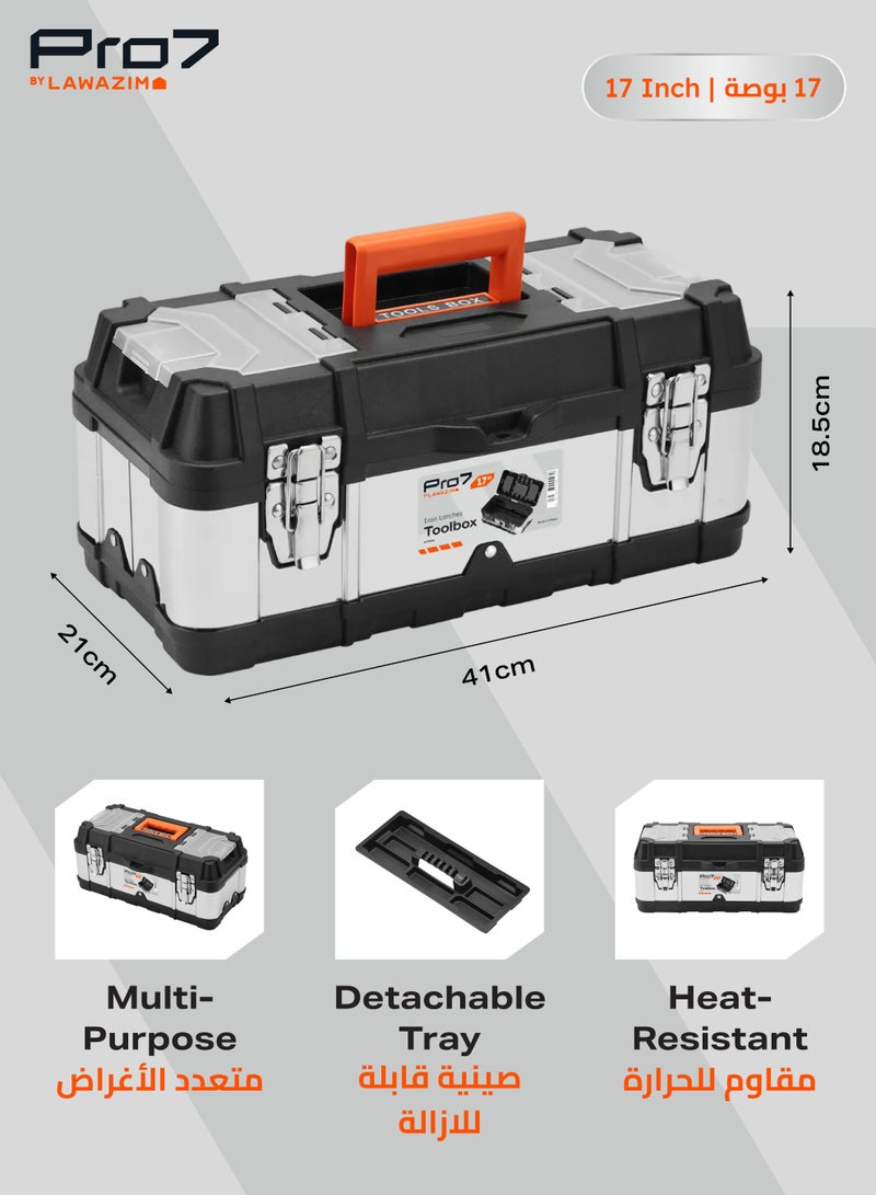 LAWAZIM Pro7 Tool Box with Iron Latches - 17inch Black and Silver - Portable Tool Storage Box with Removable Tray, Secure Latches, and Clear Lid Compartments - Ideal for Home, Garage, and Workshop Use - Image 2