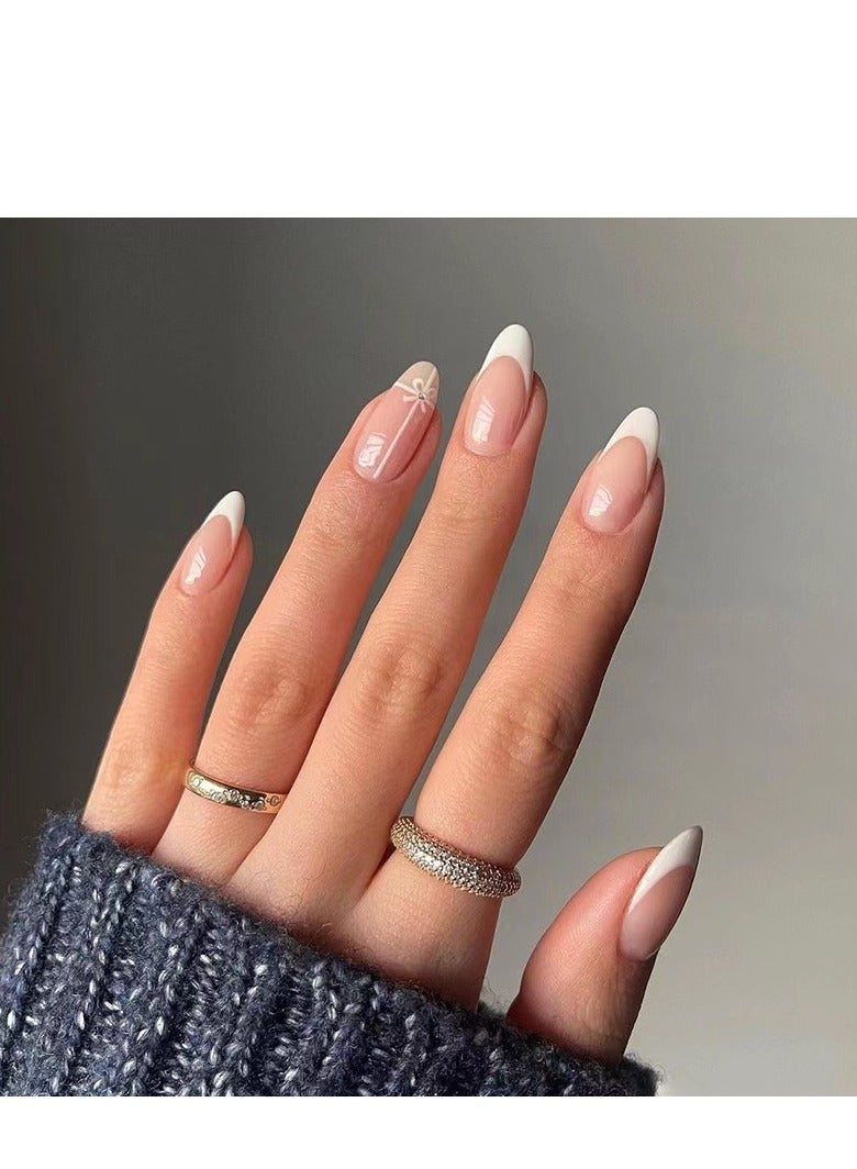 جوسكوين أظافر لاصقة، مجموعة من 24 قطعة لأظافر مصممة بأسلوب بسيط وفرنسي وزهري بتدرج وردي وأزهار، مع بعض الأحجار الصغيرة أو الزينة لأناقة سهلة ومظهر راقٍ، أظافر أكريليك مع مجموعة غراء. - Image 1