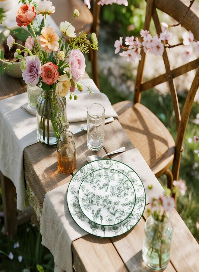 Joyido 60PCS Green Floral Plastic Plates - Elegant Floral Disposable Plates - Heavy Duty Decorative Plate Sets Include 30 Dinner & 30 Dessert Plate for Wedding & Party & Spring - Image 5