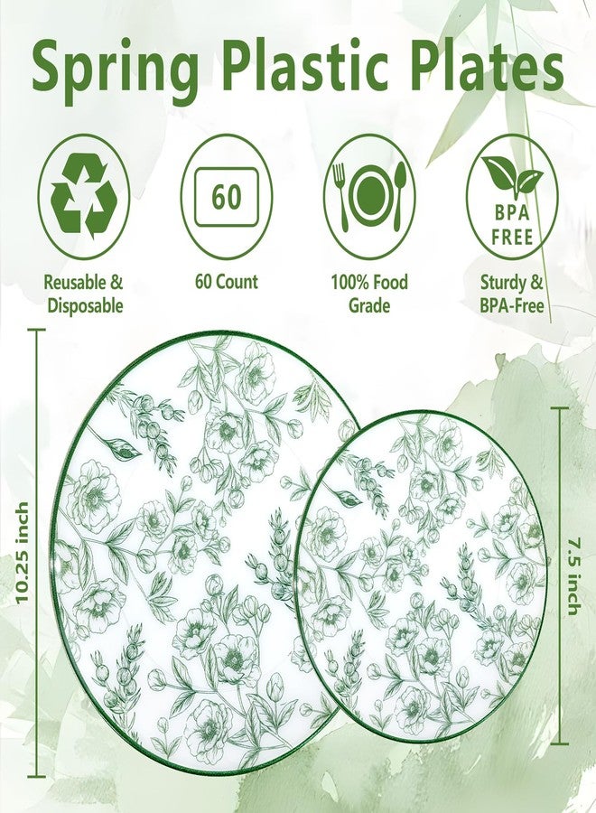 Joyido 60PCS Green Floral Plastic Plates - Elegant Floral Disposable Plates - Heavy Duty Decorative Plate Sets Include 30 Dinner & 30 Dessert Plate for Wedding & Party & Spring - Image 2
