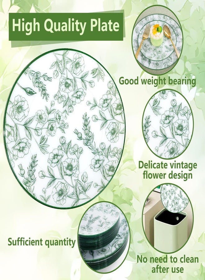 Joyido 60PCS Green Floral Plastic Plates - Elegant Floral Disposable Plates - Heavy Duty Decorative Plate Sets Include 30 Dinner & 30 Dessert Plate for Wedding & Party & Spring - Image 3