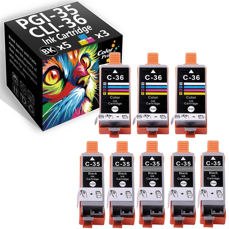 CP ColorPrint Compatible PGI35 CLI36 Ink Cartridge Replacement for Canon 35 36 PGI-35 CLI-36 for PIXMA iP100 iP110 IP100B Mini 320 TR150 Laser Printer (8-Pack, 5 Black, 3 Color) - Image 1