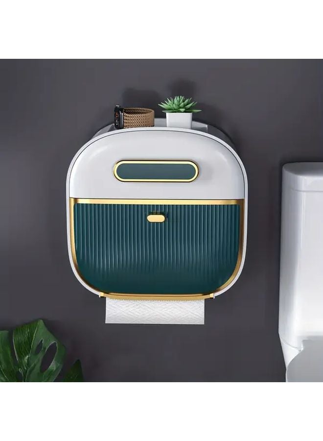 Green Wall Mounted Toilet Paper Holder Waterproof No Drill Installation Plastic Storage Container with Drawer - Image 1
