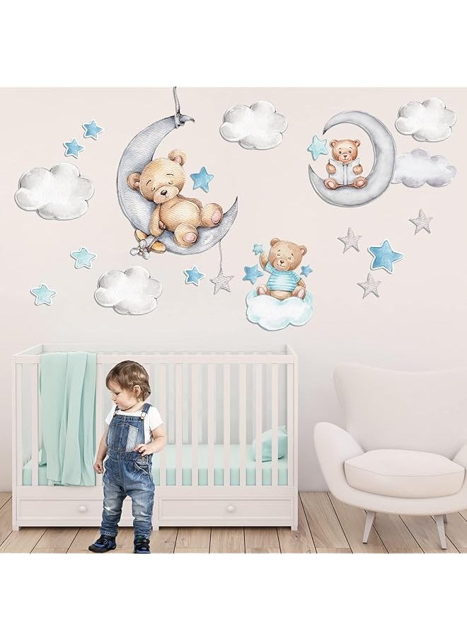 erorex Bear Wall Decals Decor Tedy Bear Sleeping On The Moon And Stars Wall Stickers For Kids Baby Room Decor Sweet Dream Moon Hot Air Star Baby Nursery Decor Baby Shower Room Kid Bedroom Playroom Blue  - Image 2