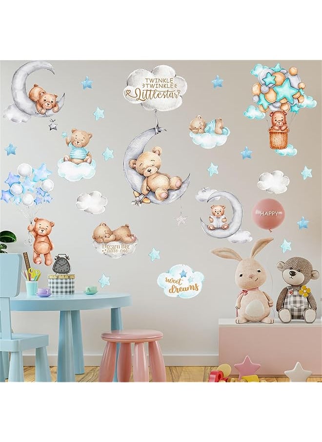 erorex Bear Wall Decals Decor Tedy Bear Sleeping On The Moon And Stars Wall Stickers For Kids Baby Room Decor Sweet Dream Moon Hot Air Star Baby Nursery Decor Baby Shower Room Kid Bedroom Playroom Blue  - Image 1