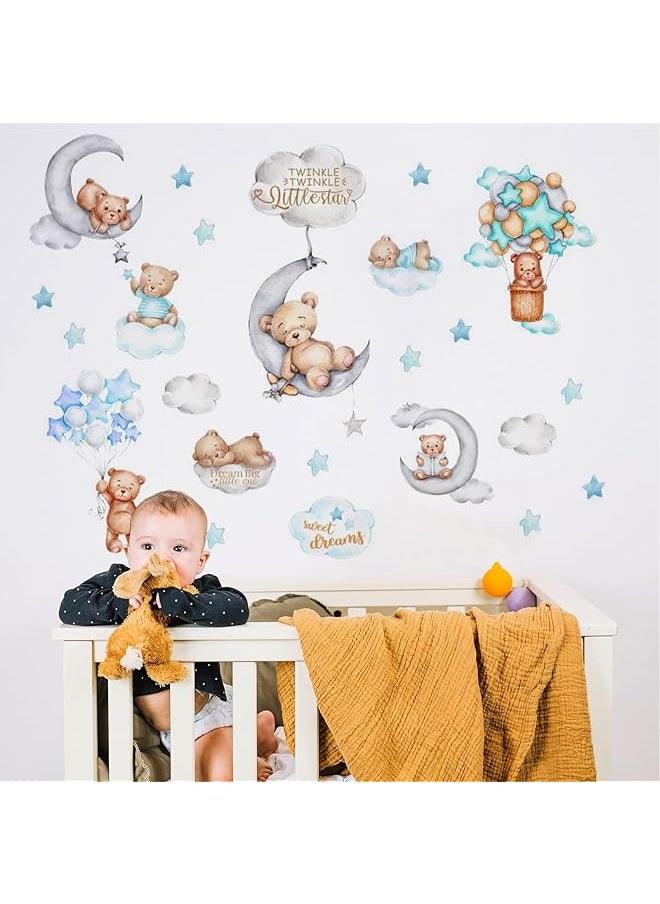 erorex Bear Wall Decals Decor Tedy Bear Sleeping On The Moon And Stars Wall Stickers For Kids Baby Room Decor Sweet Dream Moon Hot Air Star Baby Nursery Decor Baby Shower Room Kid Bedroom Playroom Blue  - Image 5