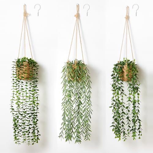 Mokof 3 Pack Artificial Hanging Plants in Boho Handwoven Baskets for Living Room Bedroom Bathroom Wall Shelf Decor - Image 1