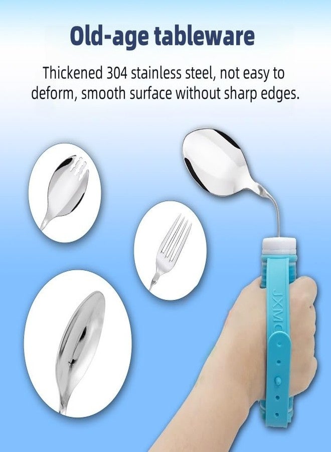 UKYCEORA Tremors Elderly Assistance Products,Spoon and Fork Three Piece Set,Handicap Accessories for Daily Living,Adaptive Equipment with Blue Handle Belt,Aids for Living,Eating Utensils Sets. - Image 3