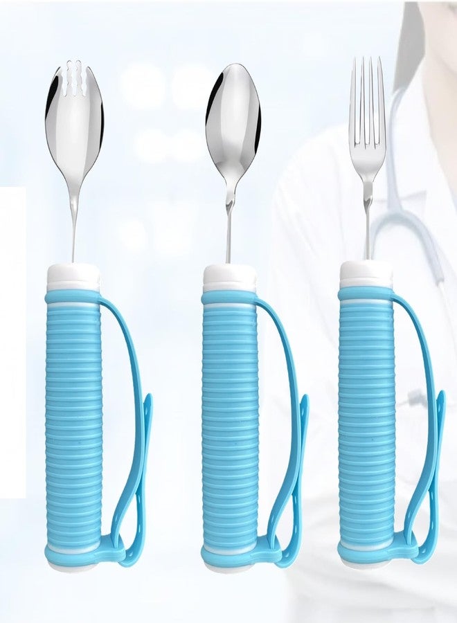 UKYCEORA Tremors Elderly Assistance Products,Spoon and Fork Three Piece Set,Handicap Accessories for Daily Living,Adaptive Equipment with Blue Handle Belt,Aids for Living,Eating Utensils Sets. - Image 1
