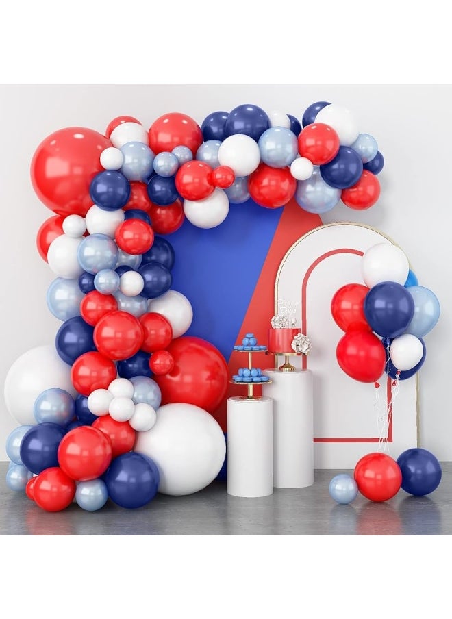 Isndare - Red Blue White Balloons Garland Arch Kit Navy Blue Pearl Light Blue Red White Latex Balloon for Superhero Birthday Baseball Party Supplies Nautical Britain Sporting Events National Day Decoration - Image 1