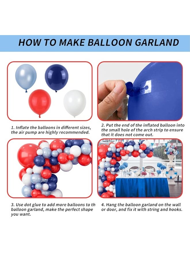 Isndare - Red Blue White Balloons Garland Arch Kit Navy Blue Pearl Light Blue Red White Latex Balloon for Superhero Birthday Baseball Party Supplies Nautical Britain Sporting Events National Day Decoration - Image 1