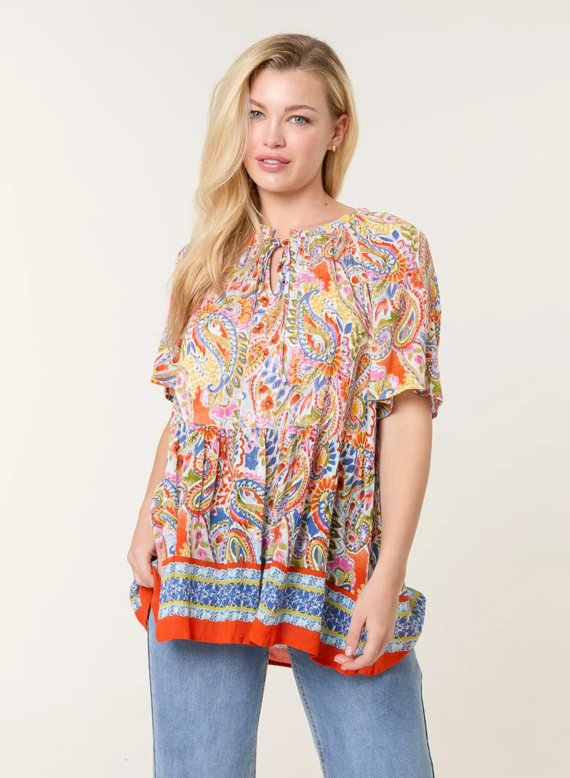 Blue Vanilla Paisley Tie Front Top