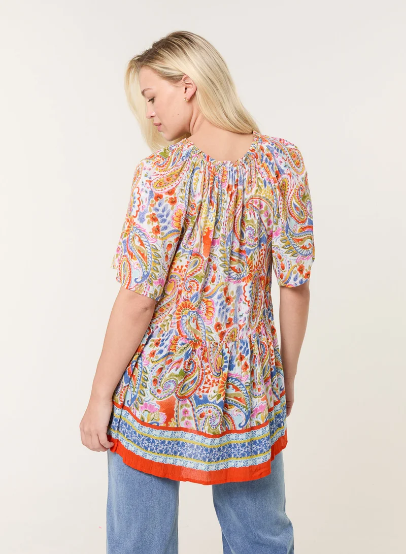 Blue Vanilla Paisley Tie Front Top