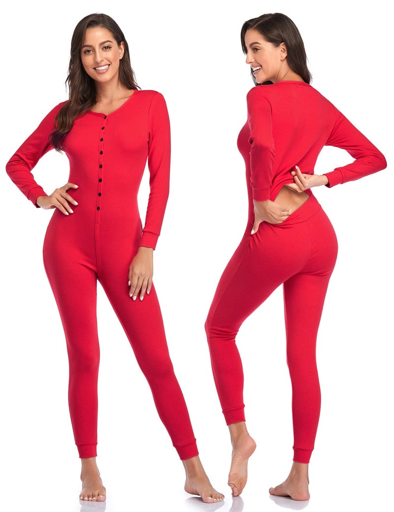 COLORFULLEAF Womens Cotton Thermal Underwear Union Suits Long Onesie Pajamas Base Layer OnePiece PJs LoungewearRedS