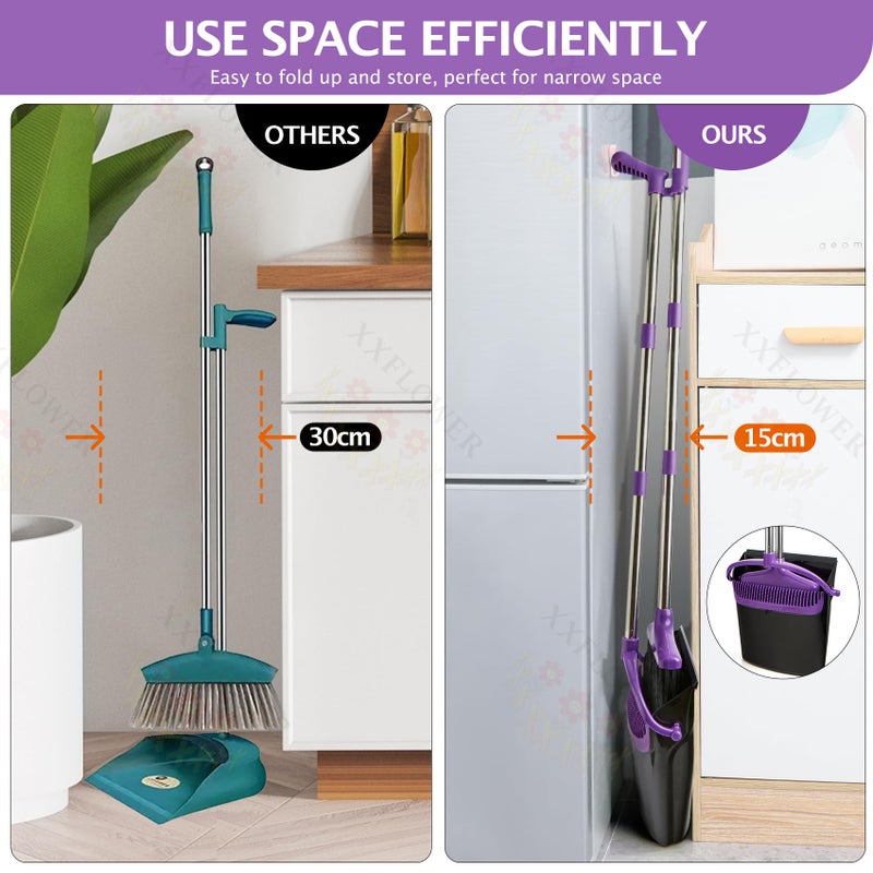 XXFLOWER Broom and Dustpan Set with Long Handle, Light Weight Stainless Steel Poles Stand Upright Dustpans with Broom Combo for Home Kitchen Office Pet Dog Hair, 1-Pack (Purple) - Image 5