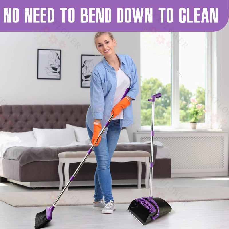 XXFLOWER Broom and Dustpan Set with Long Handle, Light Weight Stainless Steel Poles Stand Upright Dustpans with Broom Combo for Home Kitchen Office Pet Dog Hair, 1-Pack (Purple) - Image 4