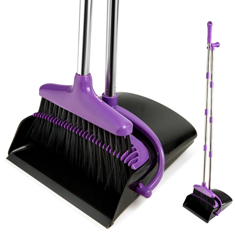 XXFLOWER Broom and Dustpan Set with Long Handle, Light Weight Stainless Steel Poles Stand Upright Dustpans with Broom Combo for Home Kitchen Office Pet Dog Hair, 1-Pack (Purple) - Image 1