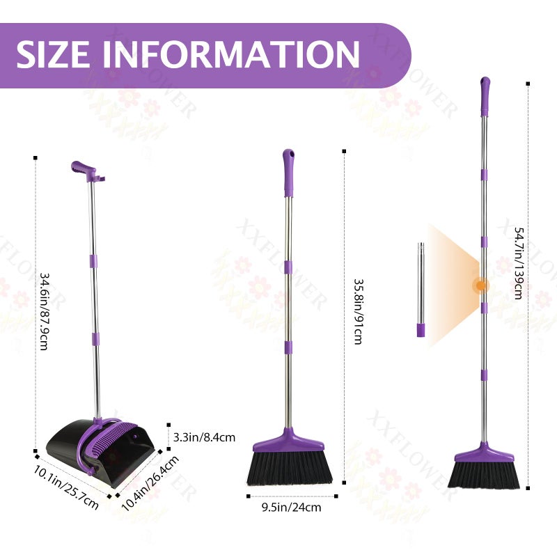XXFLOWER Broom and Dustpan Set with Long Handle, Light Weight Stainless Steel Poles Stand Upright Dustpans with Broom Combo for Home Kitchen Office Pet Dog Hair, 1-Pack (Purple) - Image 2