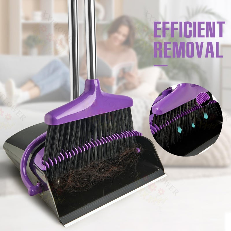 XXFLOWER Broom and Dustpan Set with Long Handle, Light Weight Stainless Steel Poles Stand Upright Dustpans with Broom Combo for Home Kitchen Office Pet Dog Hair, 1-Pack (Purple) - Image 3