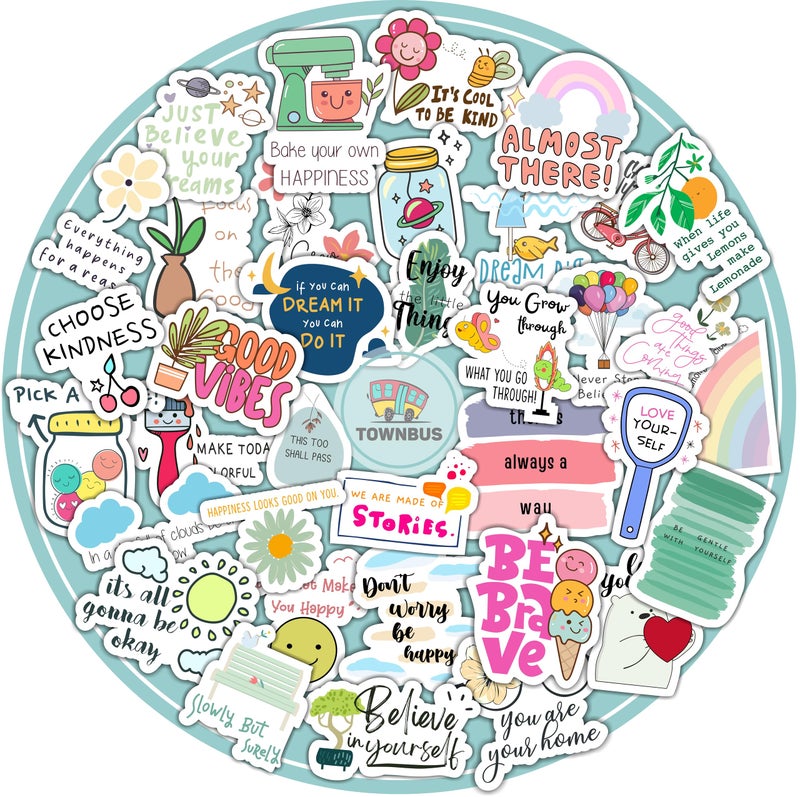 TOWNBUS | 36 Positive Quote Vinyl Stickers,Inspirational & Motivational Quotes for Daily Positivity | Perfect for laptops,Mobiles,waterbottles,Journals,Scrapbookings etc-Self-Adhesive - Image 1