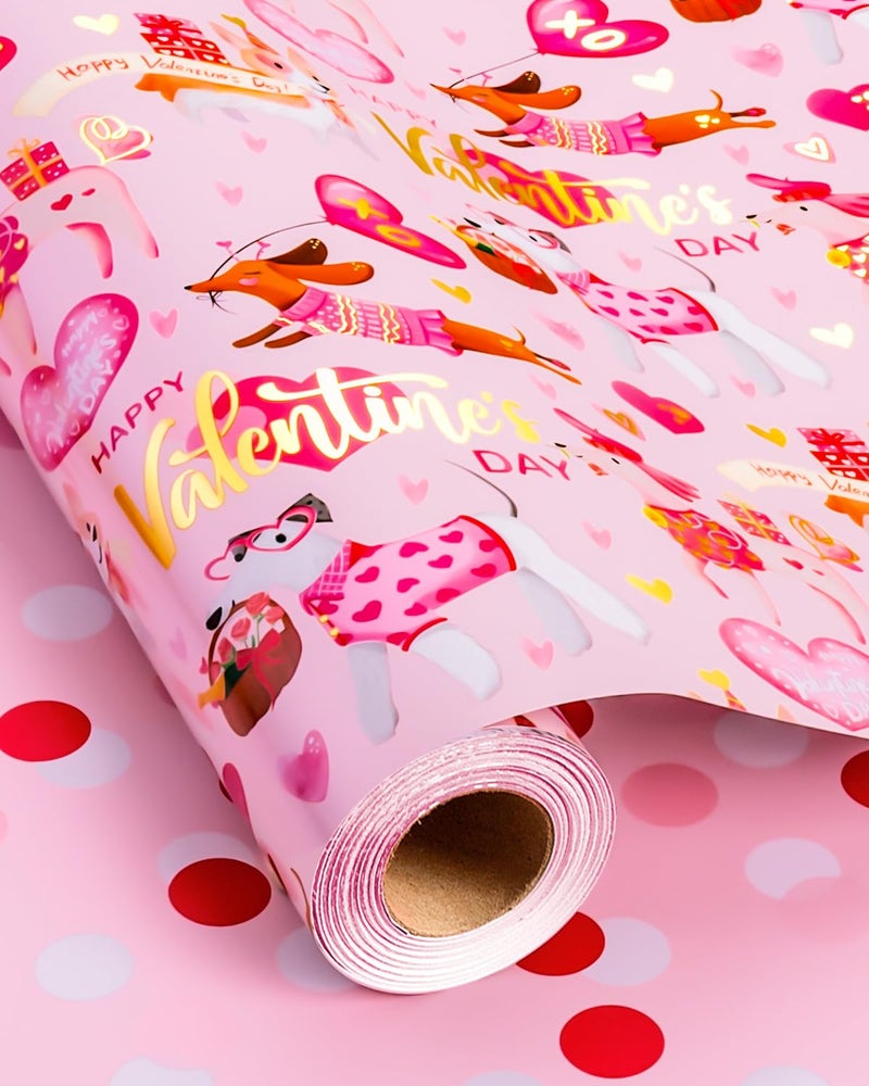 MAYPLUSS Valentines Day Wrapping Paper, Pink Heart Wrap Paper Cute Dog Gift Wrapping Roll for Girl Anniversaries Romantic Celebration, 17IN X 33FT - Image 1