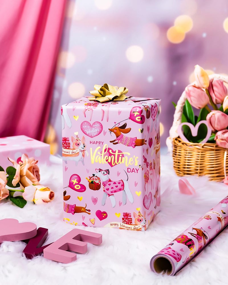 MAYPLUSS Valentines Day Wrapping Paper, Pink Heart Wrap Paper Cute Dog Gift Wrapping Roll for Girl Anniversaries Romantic Celebration, 17IN X 33FT - Image 3