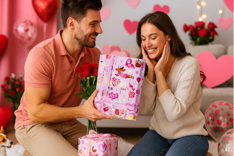 MAYPLUSS Valentines Day Wrapping Paper, Pink Heart Wrap Paper Cute Dog Gift Wrapping Roll for Girl Anniversaries Romantic Celebration, 17IN X 33FT - Image 4