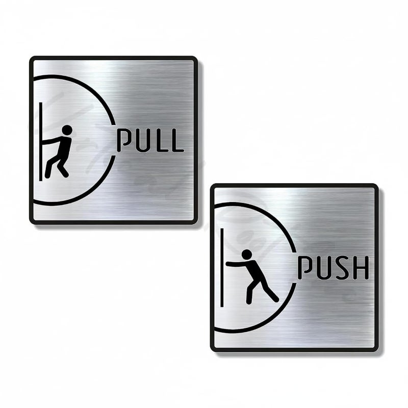 BerryBox PUSH PULL Brushed Silver Black Room Sign 6 INCH * 6 INCH Self-Adhesive Sign for Business Office Corporate Hotel Company Factory Club Commercial Malls. - Image 1